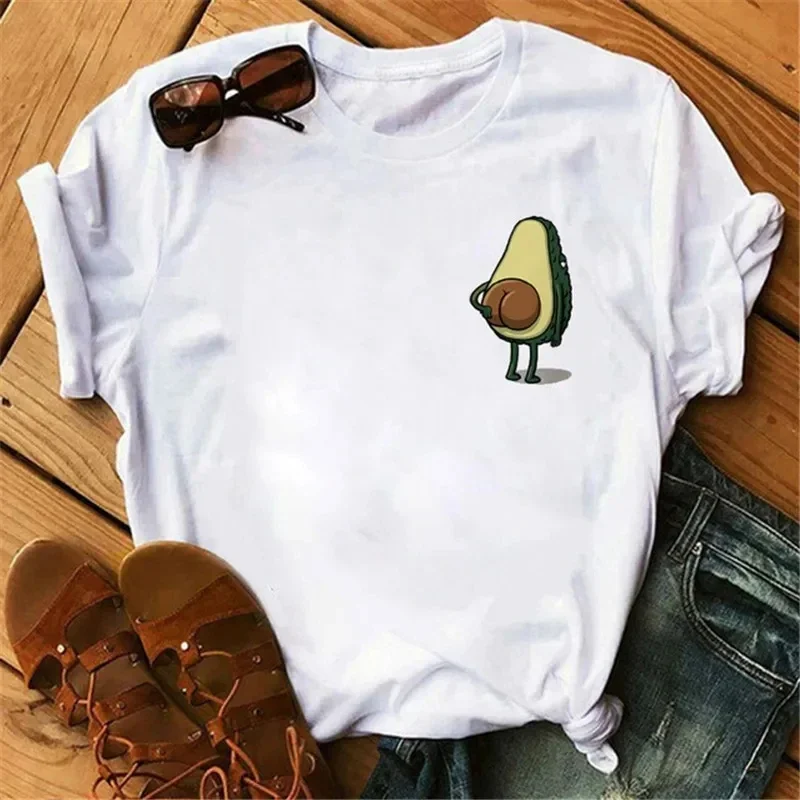 Maycaur New Women T-Shirts Summer Cute Avocado Printed Tops Tees Female T-shirt Short Sleeve White Tshirt for Lady Casual Tops