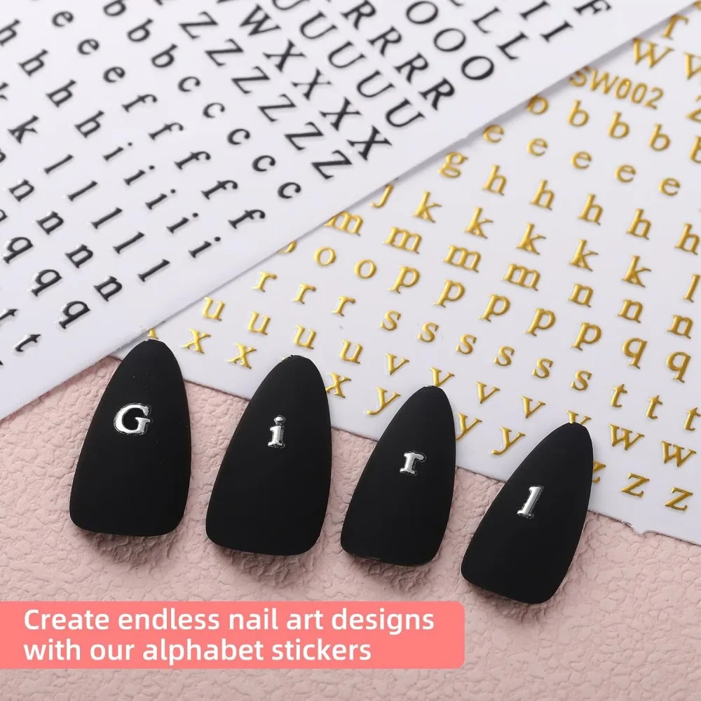 Minimal Solid Letter Number Nail Art Stickers, Self-Adhesive 3D Alphabet & Digit Decals for DIY Nail Decoration, 1 Sheet