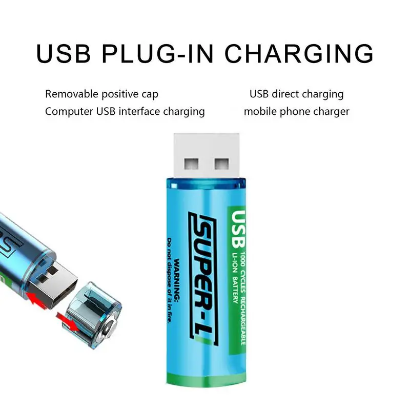 USB 1000mAh Rechargeable AA Batteries Lithium Batteries Low Self Discharge with USB Charger Fast Charging Li-Ion AA Batteries