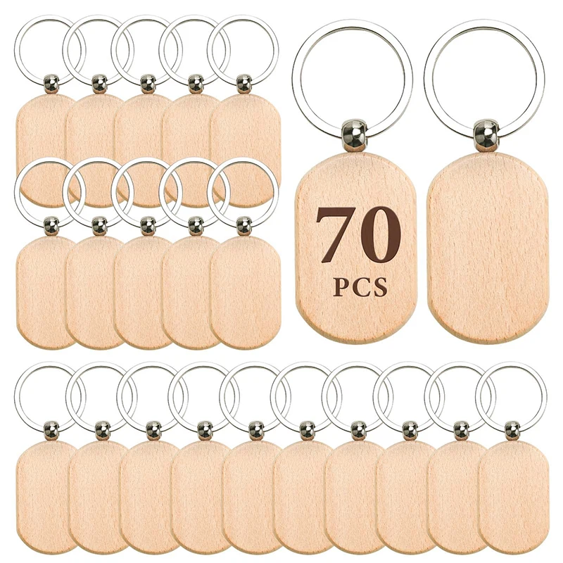 

70Pcs Blank Wooden Key Chain Wood Keychain Key Tags Unfinished Wood Pendant Blanks with Key Ring for DIY Craft