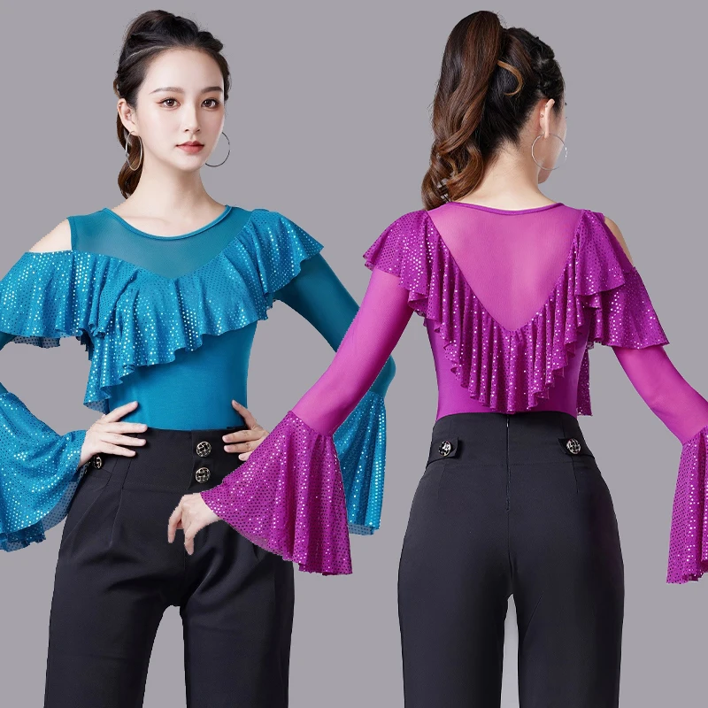 

Sequined Mesh Long Sleeve Top Latin Dance Top Women's National Standard Dance Chacha Rumba Tango Modern Dance Costumes DQL9591