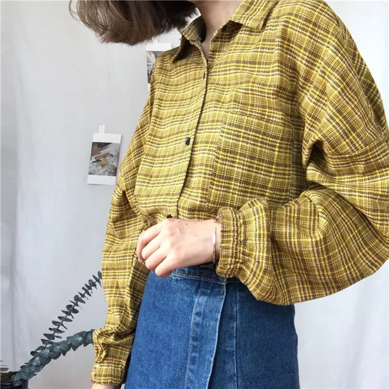 Blouses Women Classic Long Plaid Vintage Simple Student Korean Style Womens Shirts All-match Casual Soft Harajuku Fashion Daily