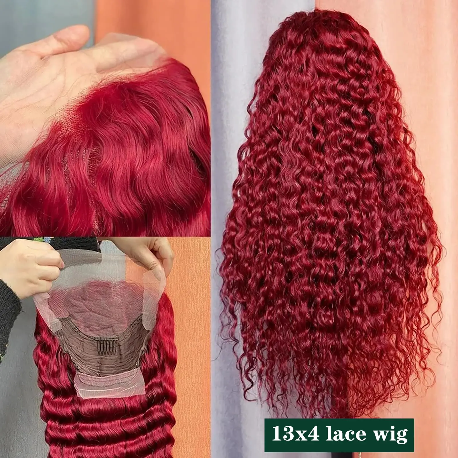 Deep Wave Lace Encerramento Perucas, Borgonha Deep Wave, Encaracolado frente Perucas, 180% Densidade, 13x4, 26 Polegada, 99J