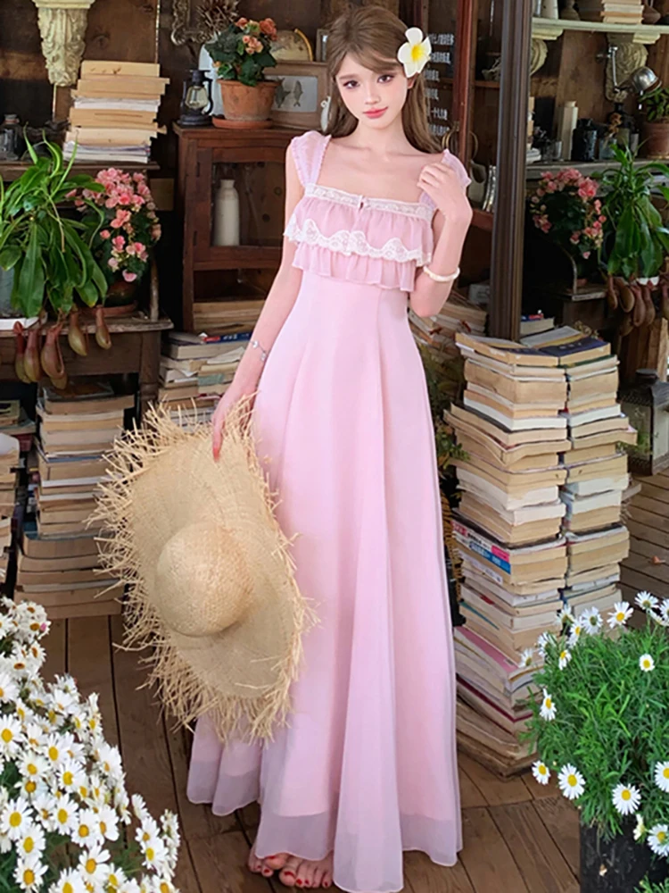 Women Pink Ruffled Lace Square Collar Sling Long Dress 2026 Korean Elegant Casual Holiday Dress Summer Bodycon Birthday Dresses
