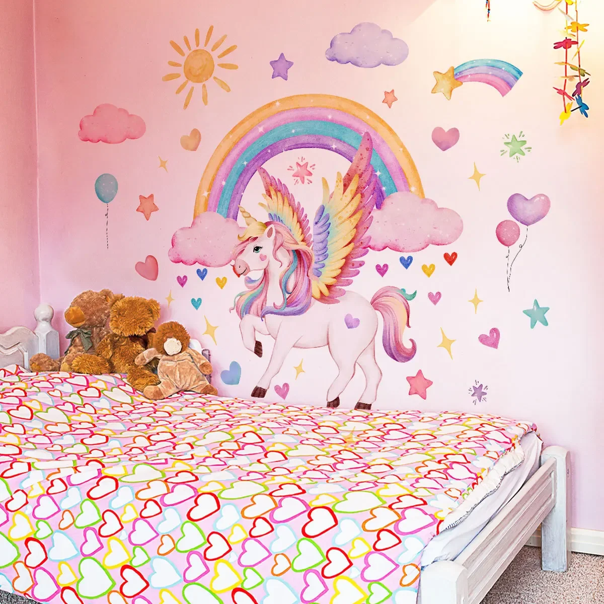 Large Cartoon Pink Rainbow Unicorn Wall Sticker Peel and Stick DIY Cloud Start Decals for Girls Room Kids Room Nursery Decor