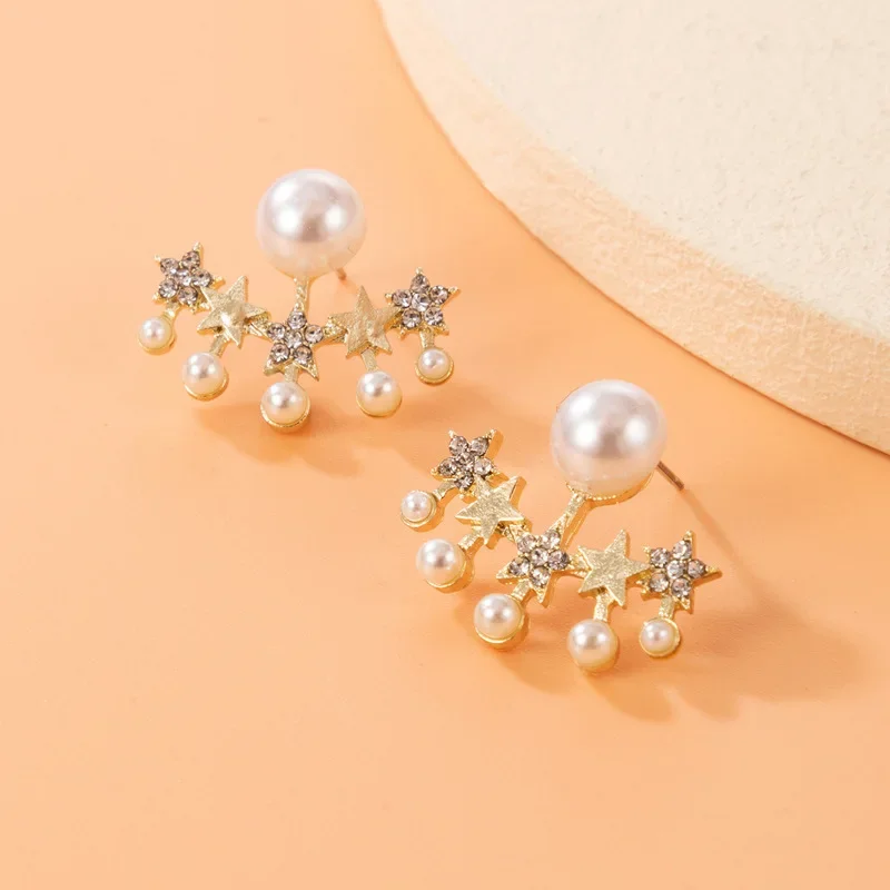 Sweet Crystal Star Radial Imitation Pearl Stud Earrings for Women Punk Geometry Jewelry Accessories Girlfriend Gift