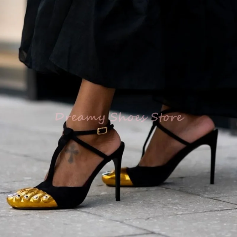 Gold Five Fingers Suede Stiletto Pumps Women Satin Ankle Buckle Strap High Heels Sexy Luxury Party Catwalk Ladies Summer Shoes