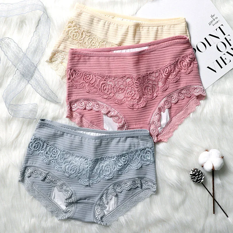 Leak-proof Cotton Menstrual Panties Women High Waist Sexy Lace Period Underpants Hollow Out Floral Underwear Bragas Menstruales