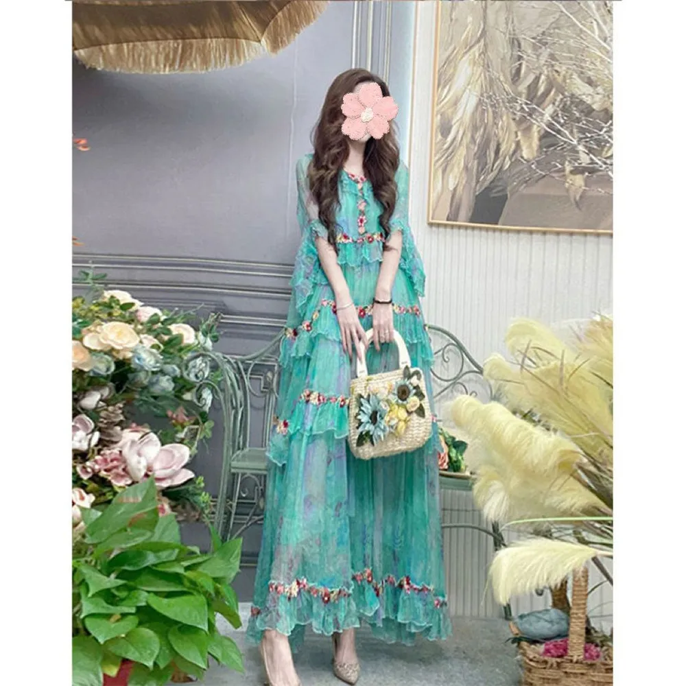 

Tea break French unique and unique beautiful long skirt seaside holiday green chiffon dress summer new style