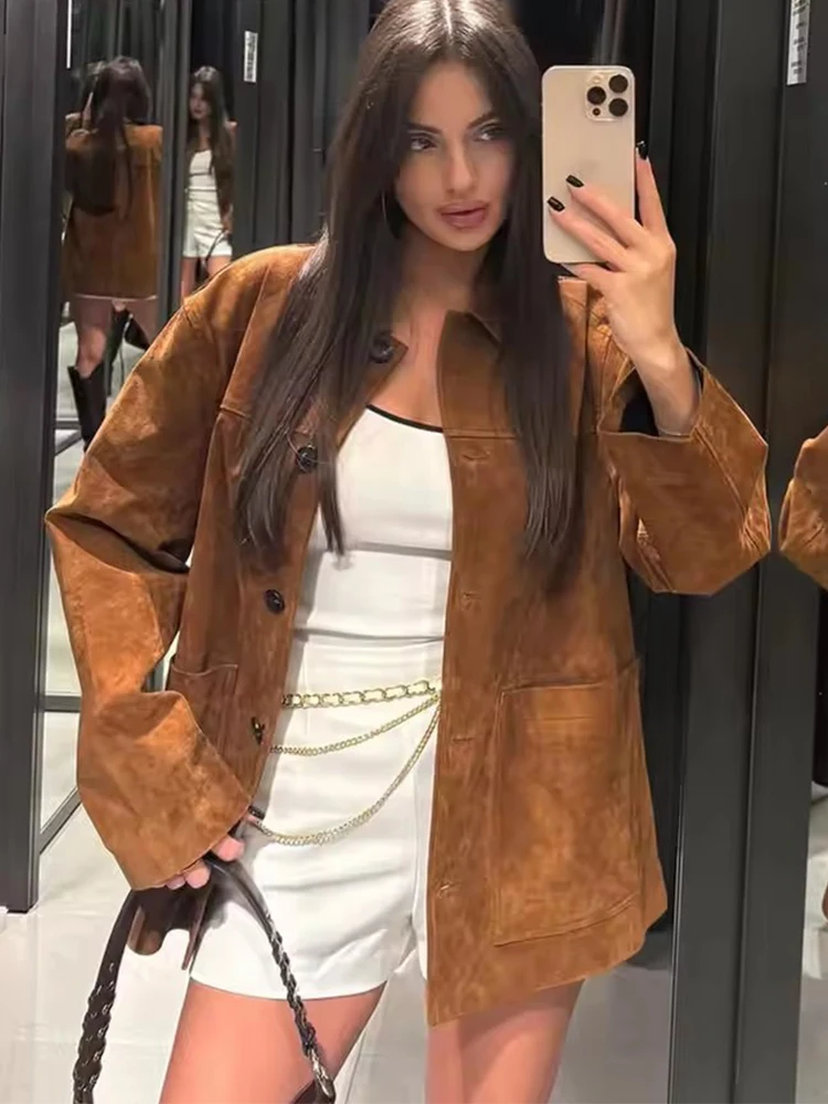 

Шикарная дорожная куртка, женское однобортное кожаное пальто, осень 2023, повседневная новая верхняя одежда с длинными рукавами High Street