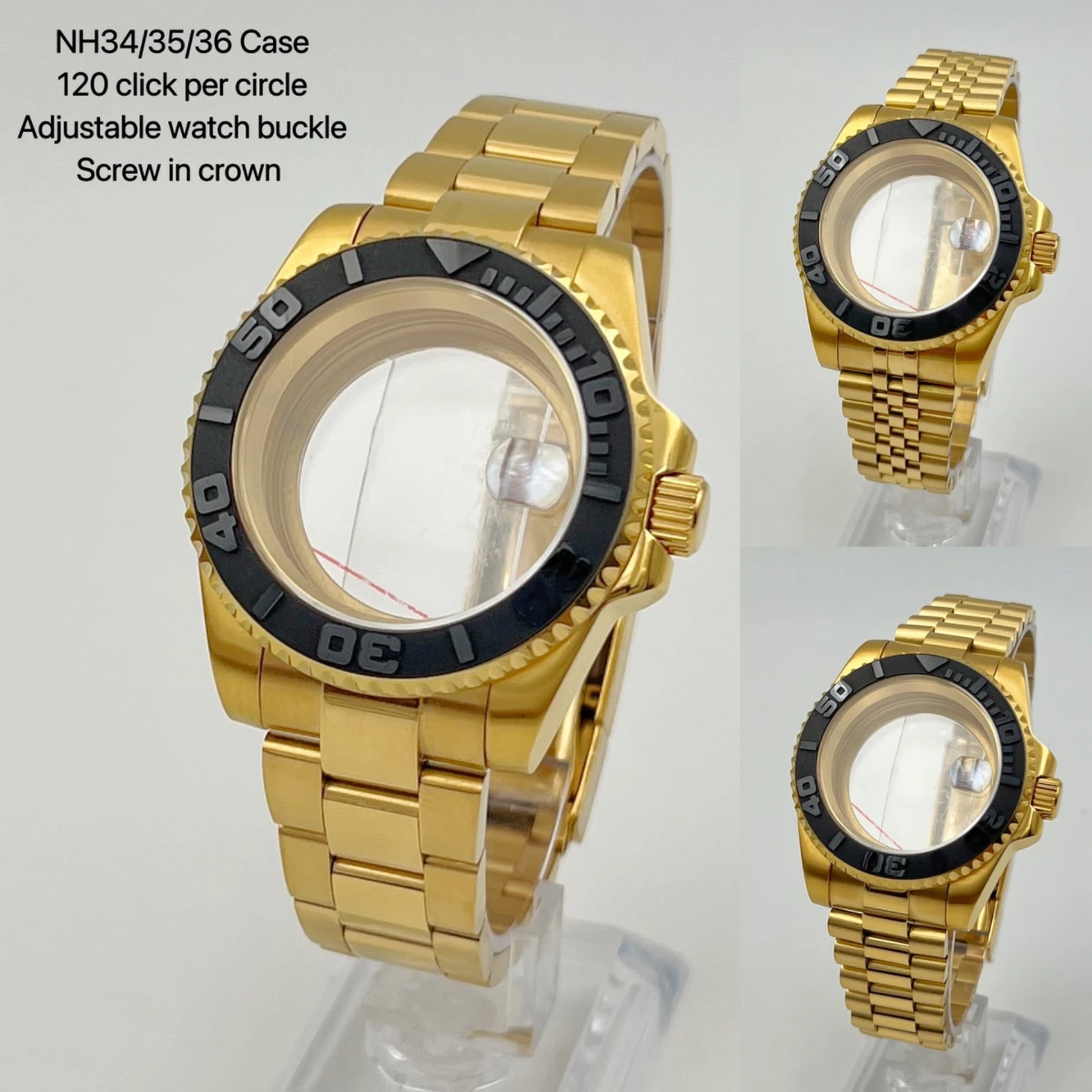 Watch case. Gold plated case+various gold straps, black yacht bezel, suitable for NH34/NH35/36,