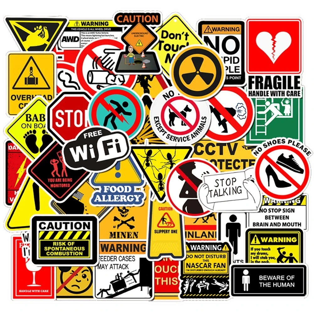 50PCS Warning Stickers Danger Banning Skateboard Fridge Guitar Laptop Motorcycle Travel Classic Toy Cool Decals Sticker