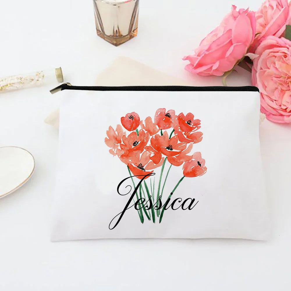 Personalized Flower with Name Canvas Makeup Case Cosmetic Bags Zipper Toiletries Pouch Bridesmaid Teacher Mother Gift for Her