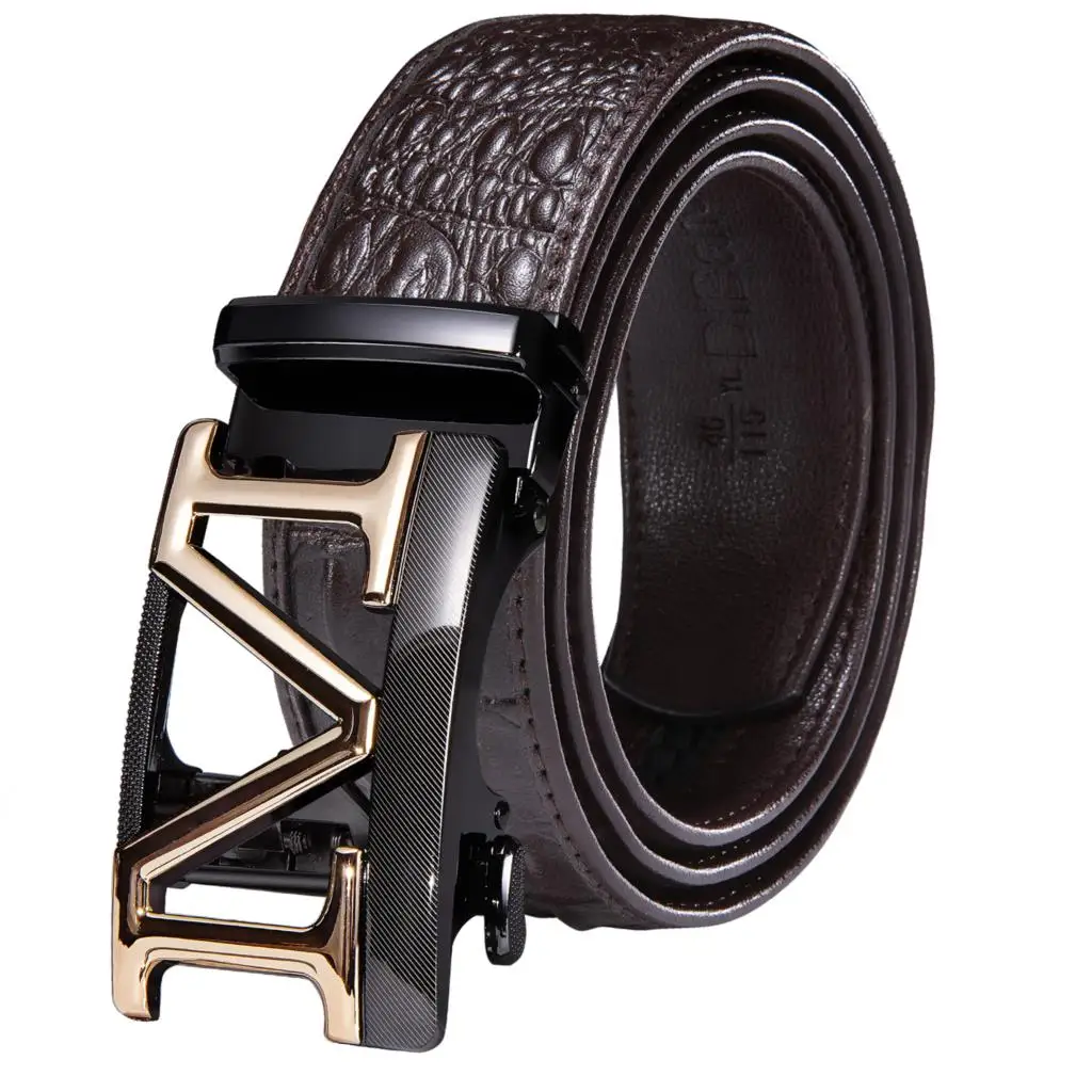 Hi-Tie Men\'s Brown Belt for Jeans Luxury Cowhide Genuine Leather Belt Men Gold Automatic Buckle Cowboy Jeans Cool Belt Strap