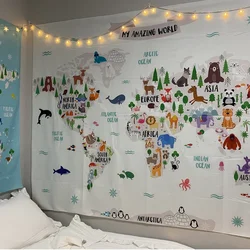Animal World Map Tapestry Wall Hanging Kids Map Fabric Cartoon Hippie Tapiz Cute European Style Kids Bedroom Kawaii Room Decor