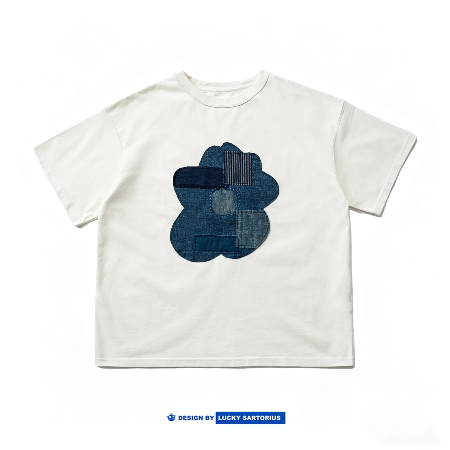 

Handmade Blue Dye Patchwork Short Sleeve T-Shirt Casual Loose Shoulder Men Women Cotton Embroidery round Neck Tee Luckysartorius