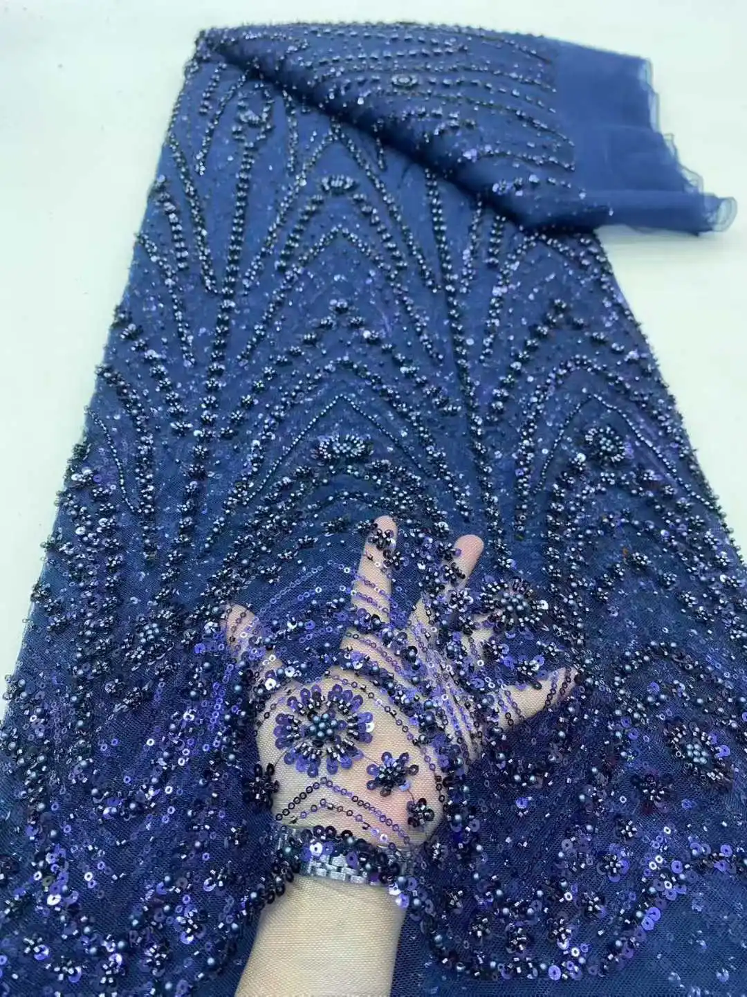 2026 Africano Nigeriano di Alta Qualità Paillettes In Rilievo Tulle Tessuto di Pizzo per Abiti Da Ballo Perline Ricamo Cucito Netto di Stoffa SZ1774