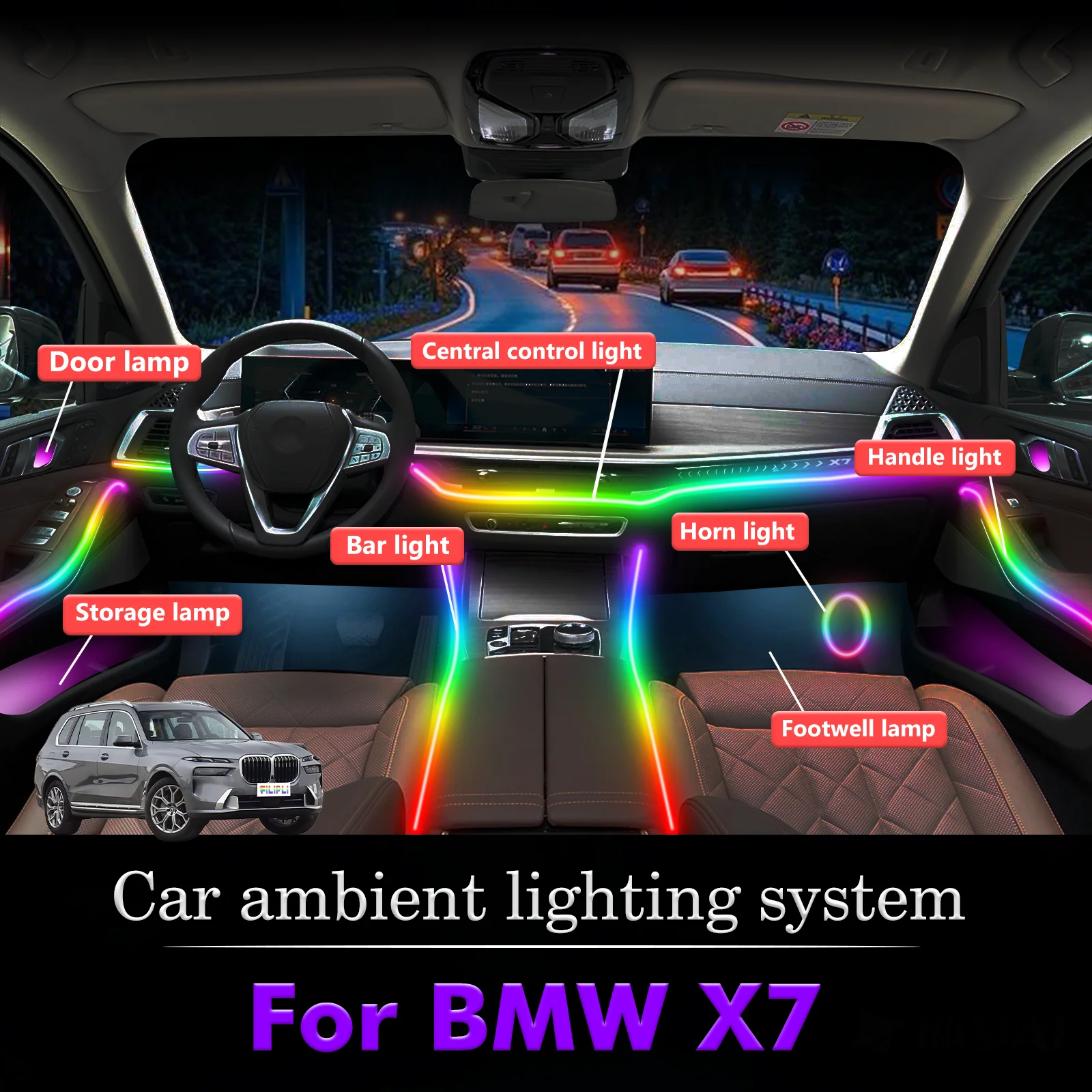 

For BMW X7 Smart Remote Control RGB 64 Colors LED Car Interior Ambient Light Energy Saving Efficient Lamp Kit