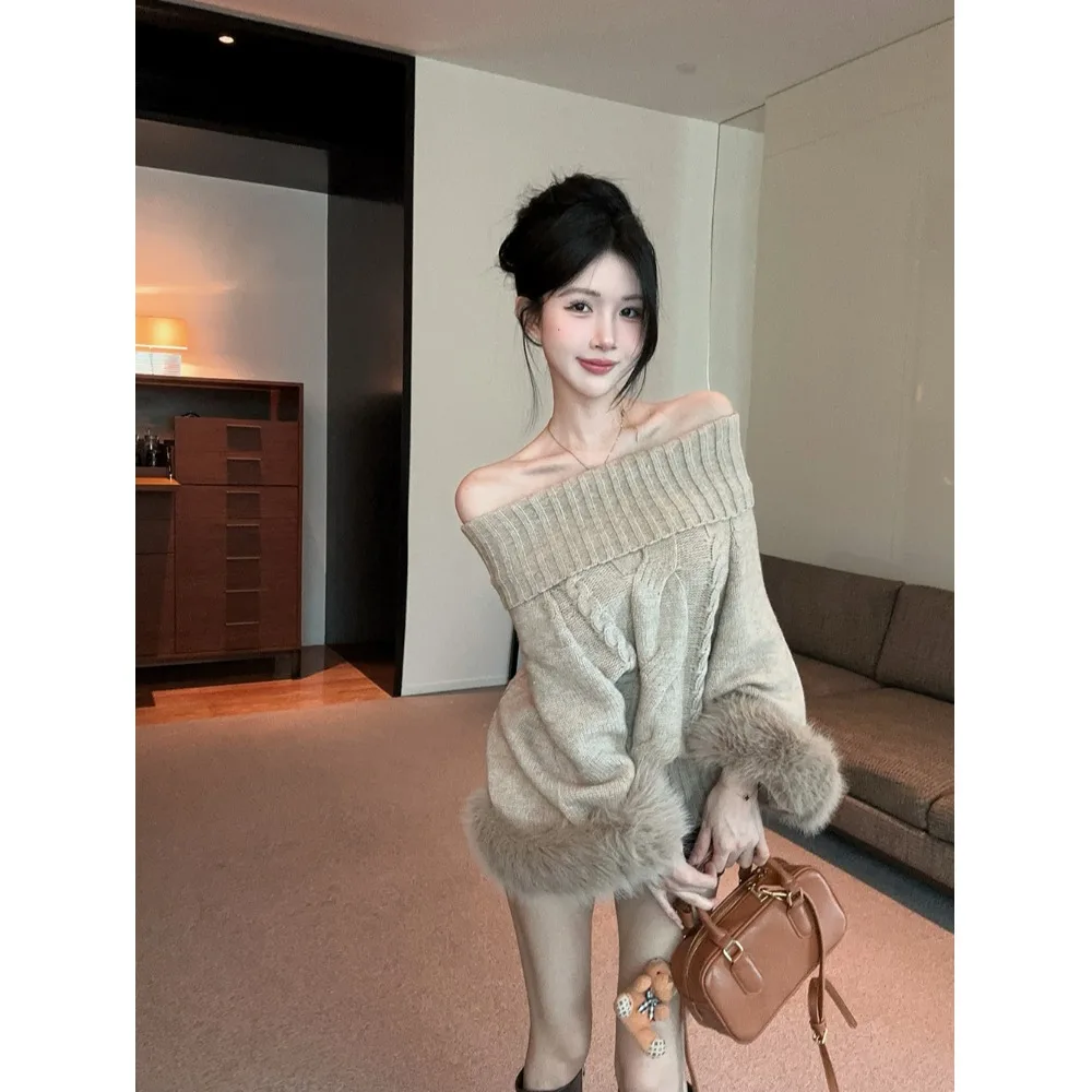 Automne hiver nouveau pull tricoté pour femmes Faion Twist oulder fourrure épissage Long Sve coupe ample doux moyen Kni...