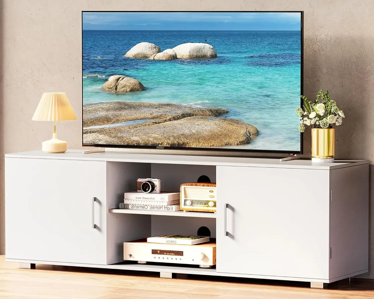 

TV Stand for 55 Inch TV, Entertainment Center with Storage,2 Cabinets,TV Console Media Cabinet with 6 Cable Holes,White TV Stand