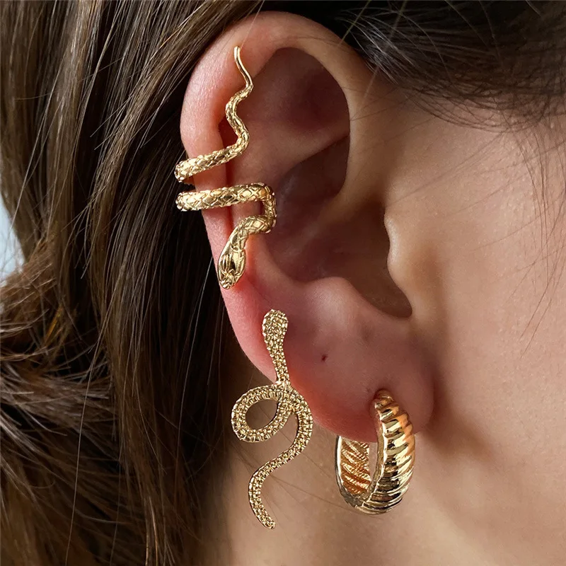 3Pcs/Set Snake Clips On Earrings for Women Vintage Charm Round Ear Bone Punk Cuffs Personality Jewelry Valentine\'s Gift