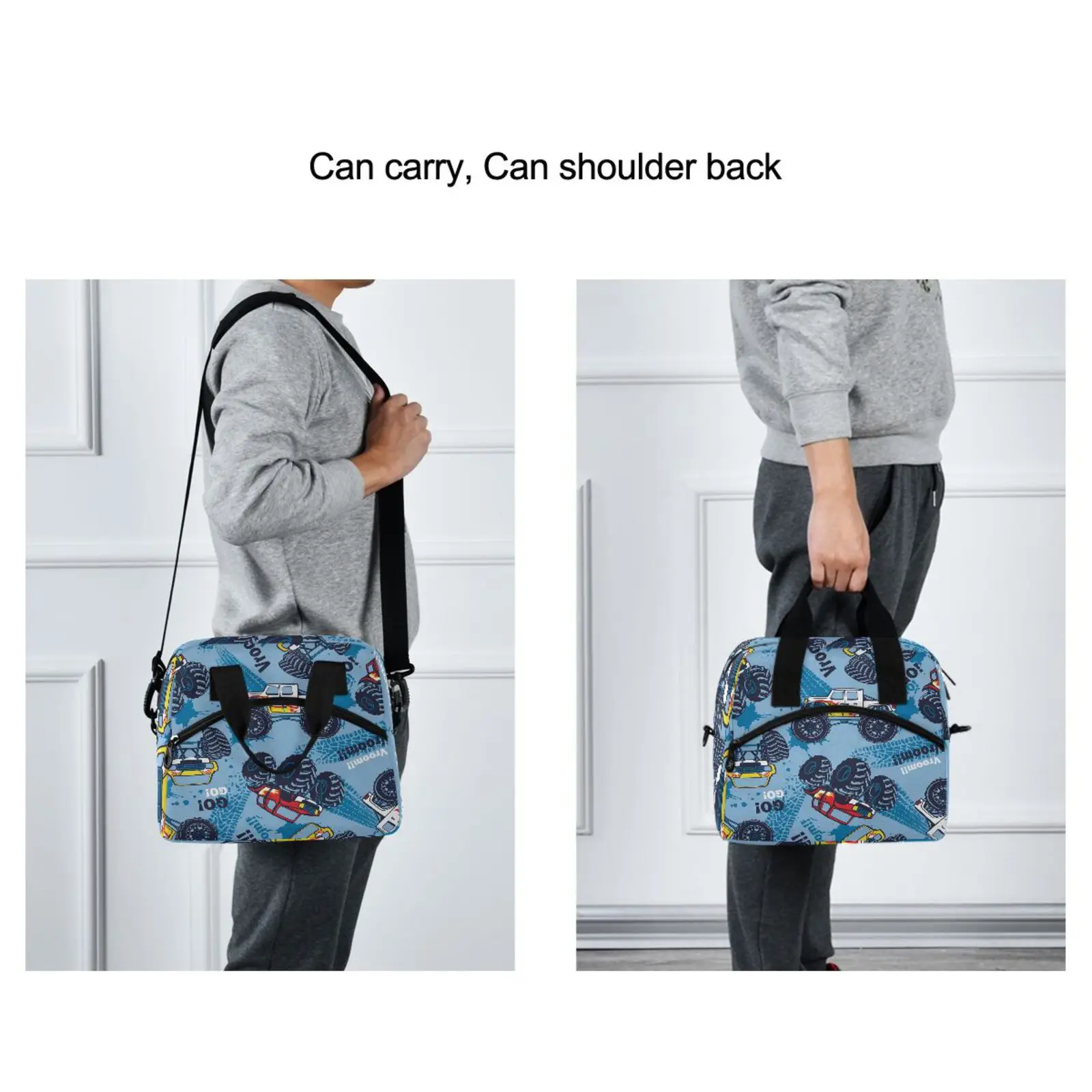 Cute Cartoon Cars Print Insulated Lunch Bag Portable Cooler Tote Bag With Shoulder Strap Thermal Food Picnic Bag Bento Pouch Box