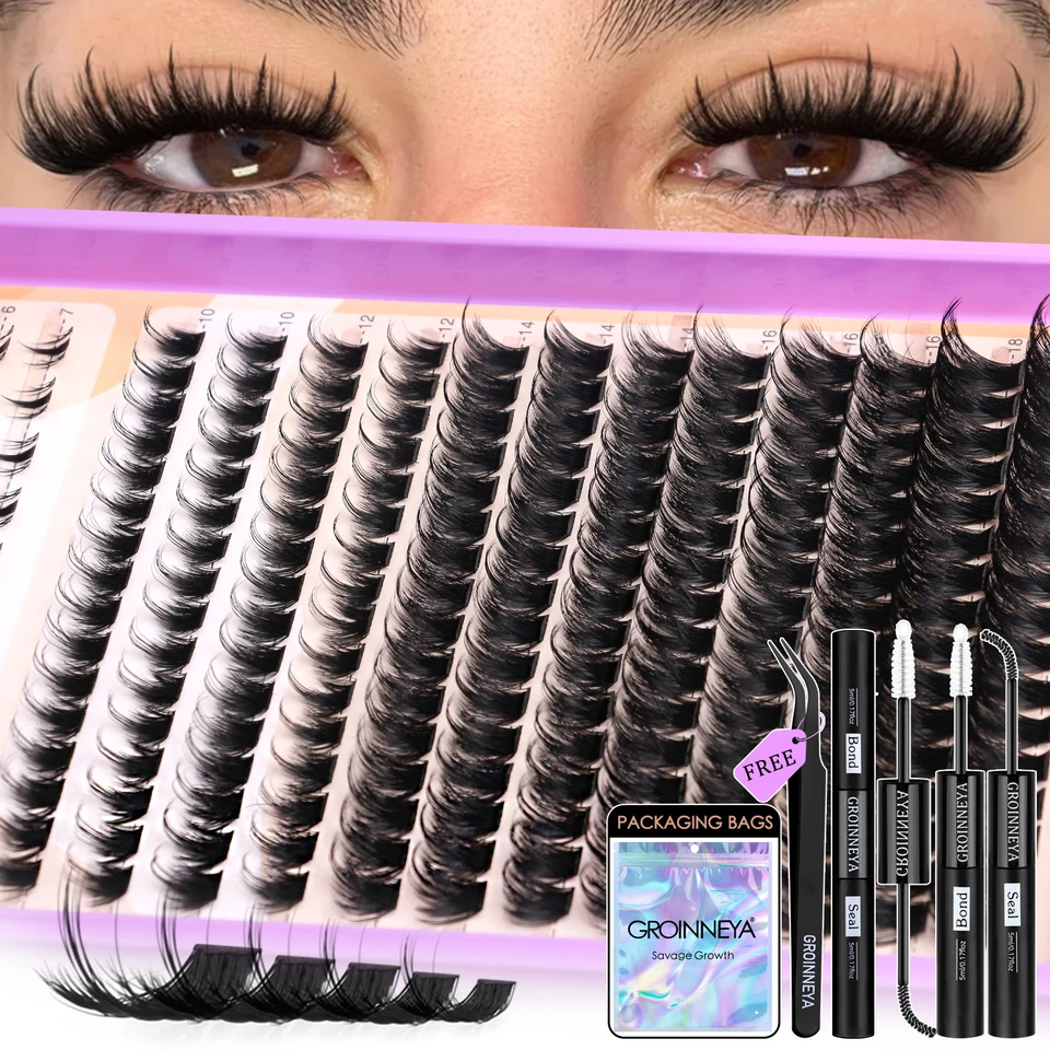 GROINNEYA Kit de Rizos de Pestañas Manga Esponjosos 3D Visón Falso Kit de Rizos con Pegamento y Sello Kit de Maquillaje 2