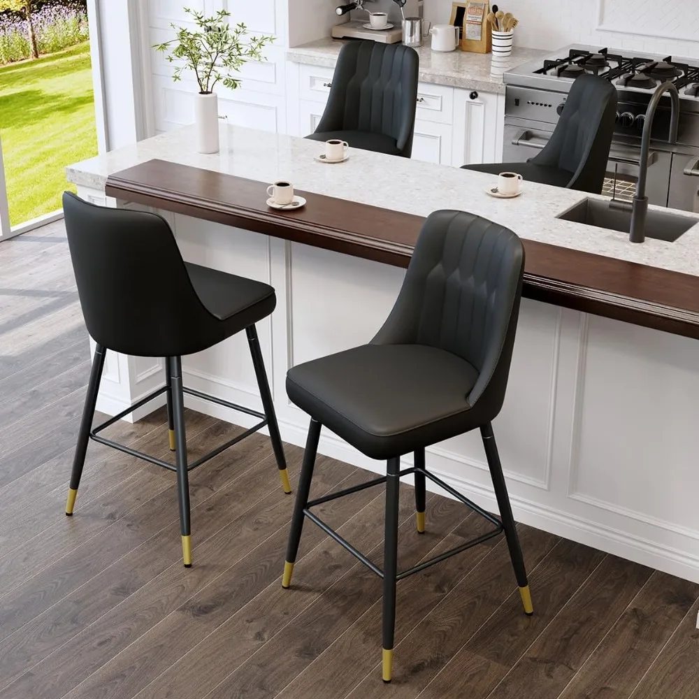 Set Kursi Bar Isi 4, Kursi Bar Tinggi Konter dengan Punggung, Kursi Dapur Kulit Imitasi Modern, Kursi Bar Hitam 27 "dengan Logam Stabil