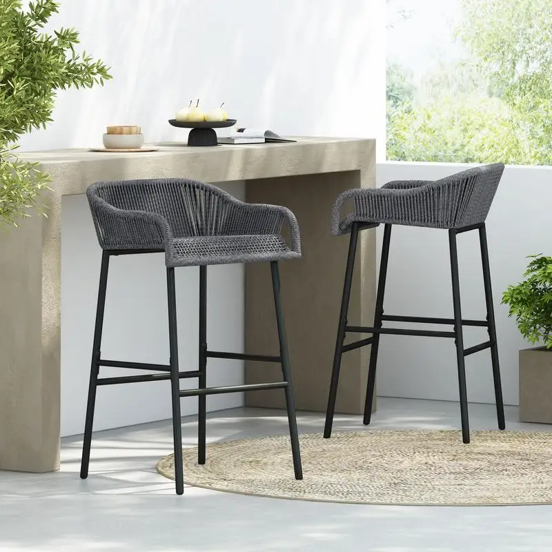 

Outdoor Patio Dark Gray Rope Barstool Set of 2 for Garden or Bar