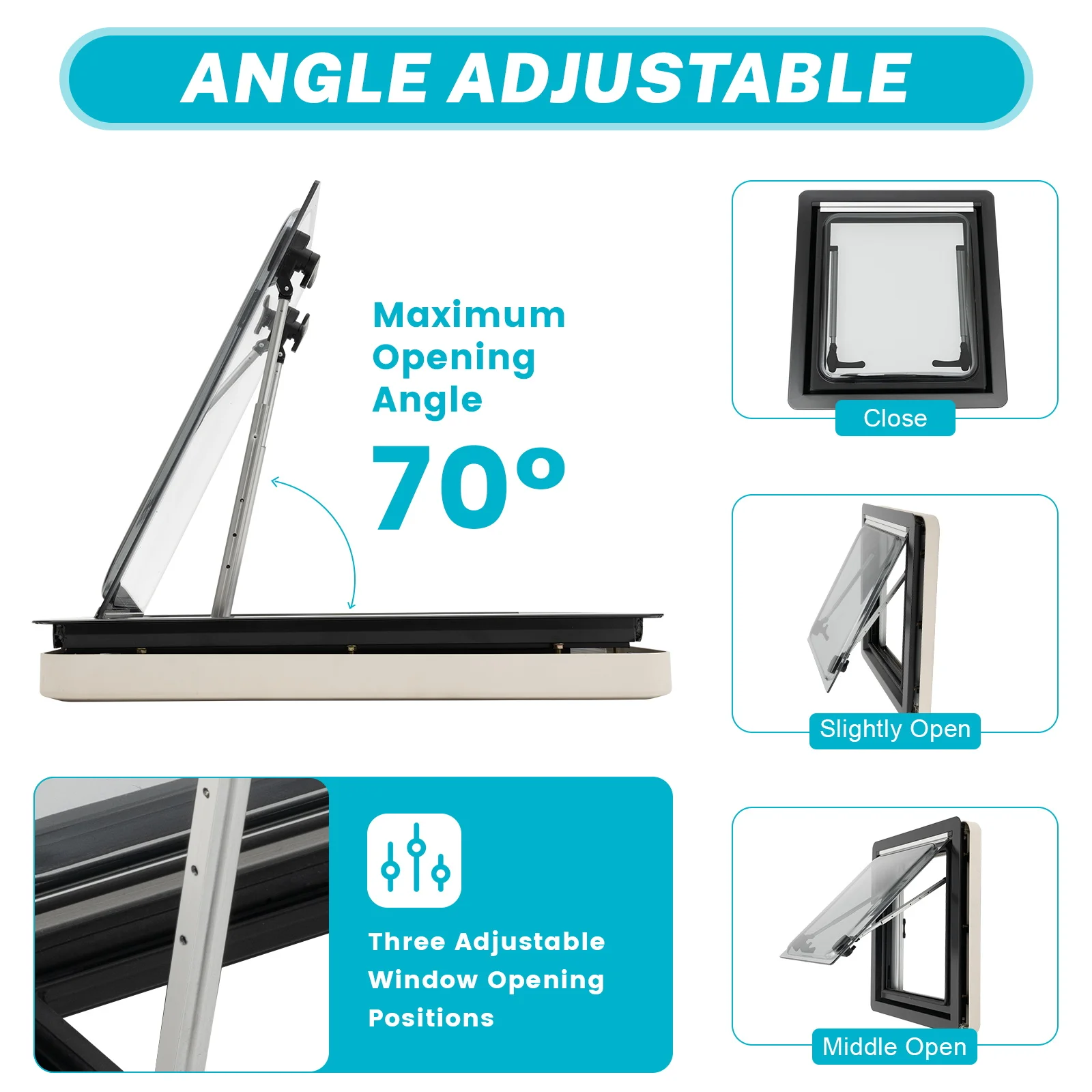 Ventana lateral de caravana, ventana de ventilación extrapolada de 450x500MM, ángulo ajustable de 70 ° para espesor de pared de 25-35mm