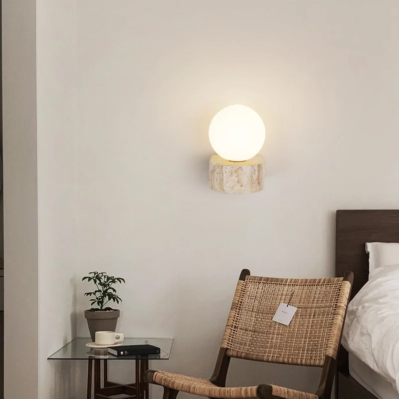 Vintage Natural Stone Art Decoration Wall Lamp Interior Glass Lampshade Led Light with Pull Chain Bedroom Decor Sconce