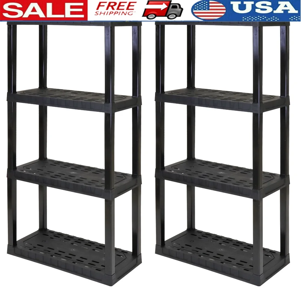 

Multipurpose Plastic Garage Storage Rack 4-Tier Heavy-Duty Organizer Tool-Free Assembly Ventilated Shelves Space-Saving Design