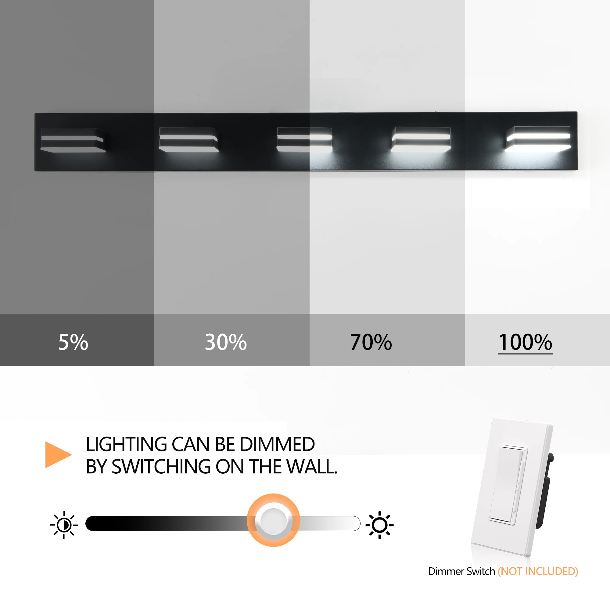 Modern Black LED Vanity Light, 5-Lights Wall Sconce for Bathroom and Mirror, Sleek Minimalist Design, Energy-Efficient