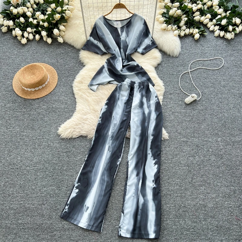 Setelan Dua Potong Fashion Musim Panas Wanita Print Atasan Lengan Pendek + Celana Panjang Kaki Lebar Setelan Wanita Pakaian Jalanan Set Dua Potong