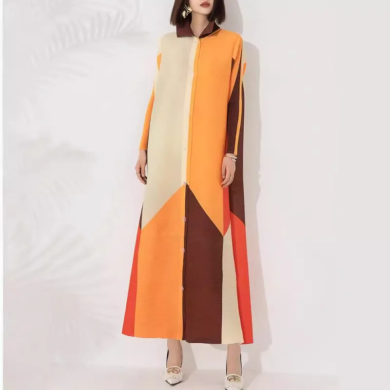 

Miyake Pleated Summer New Dress with Stylish and Fashionable Color Block Printing Loose Plus Size Button Long Coat Dress