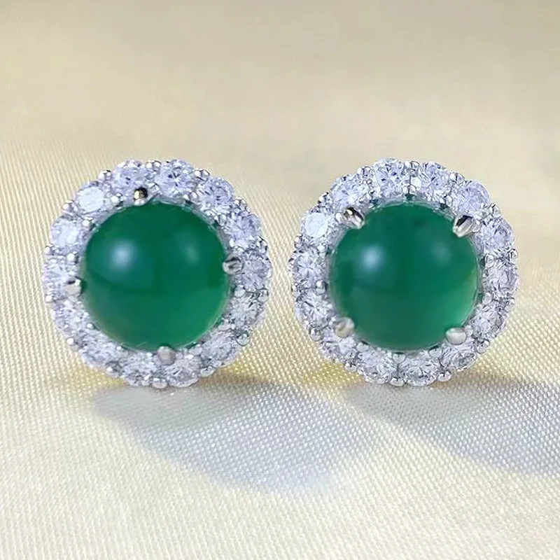 2023 New S925 Silver 8.0mm Simulated Green Jade Marrow Earrings for Women's Luxury Set with Full Diamond Classic