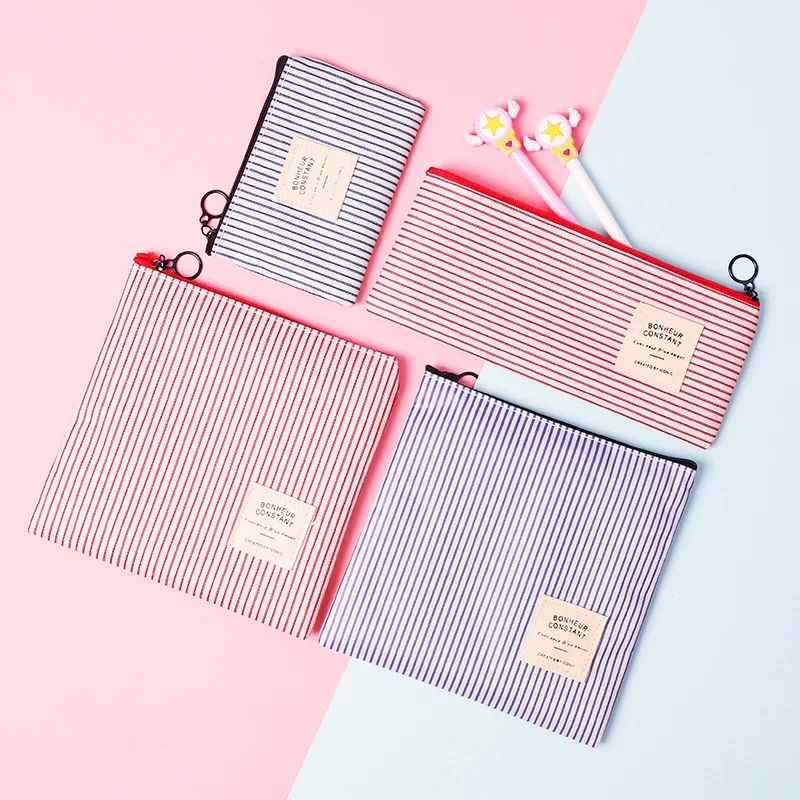 Japanese Simple Stripe Oxford Cloth Pencil Case Coin Purse Student Desktop Stationery Organizer Key Earphone Bag School Supplies