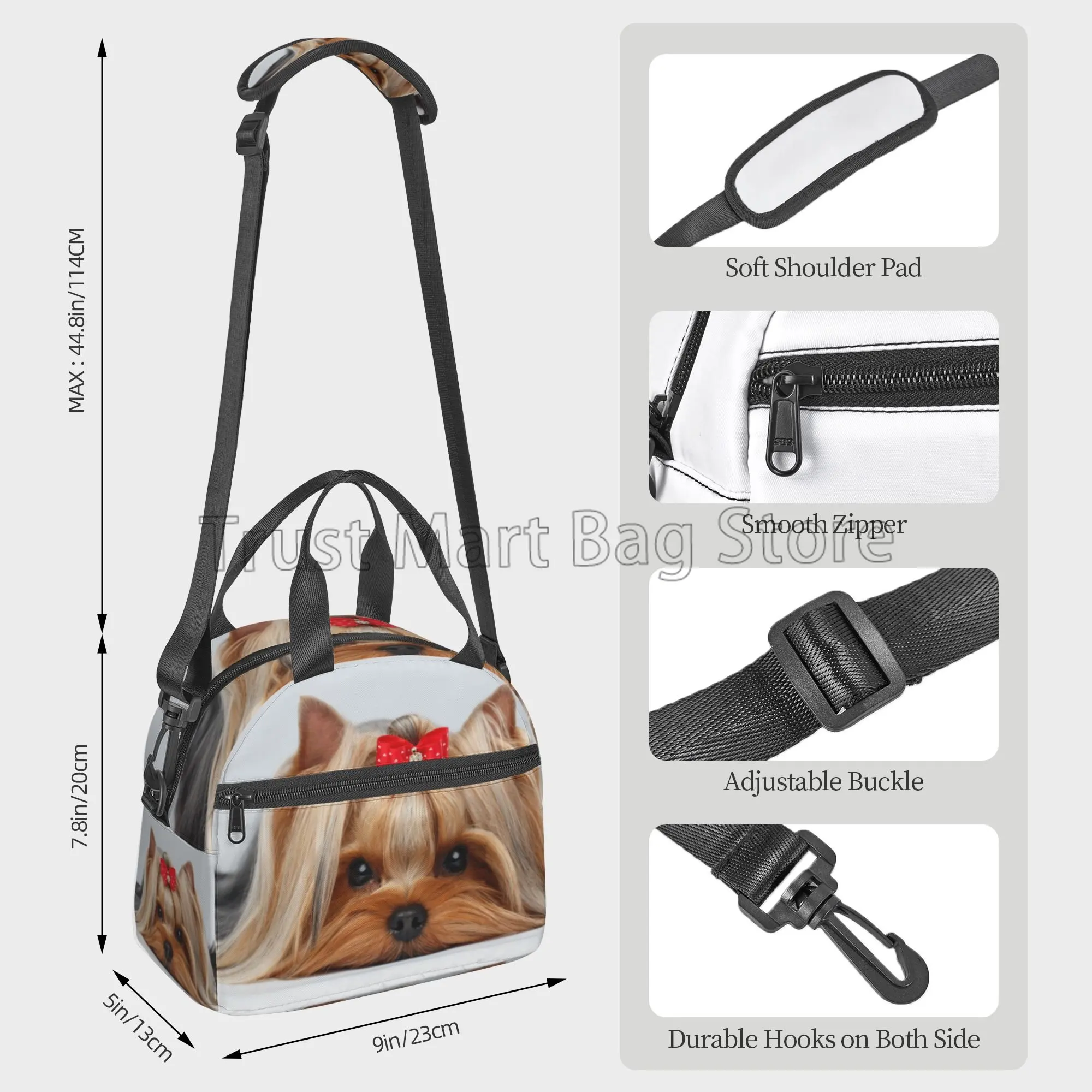 Cute Ribbon Yorkie Reusable Lunch Bag Insulated Lunch Box Tote with Adjustable Strap Leakproof Bento Bags for Work Picnic Beach