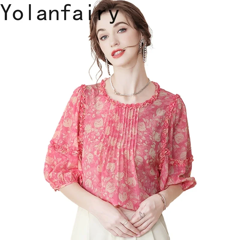 

YOLANFAIRY 100% натуральные шелковые футболки из тутового шелкопряда для женщин, модная летняя одежда 2026 года, нежная блузка, топы с цветочным принтом, элегантная футболка