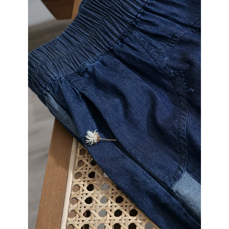 TIYIHAILEY Free Shipping Wide Leg Long Patchwork Women Trousers Denim Jeans Elastic Waist Ripped Casual Pants With Pockets