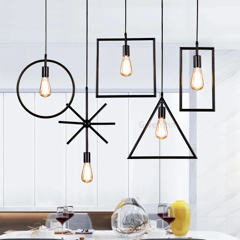 

Modern Iron Pendant Lamp Geometry Hanging Ceiling Lights Chandeliers Loft Kitchen Dining Room Suspension Luminaria Decorations