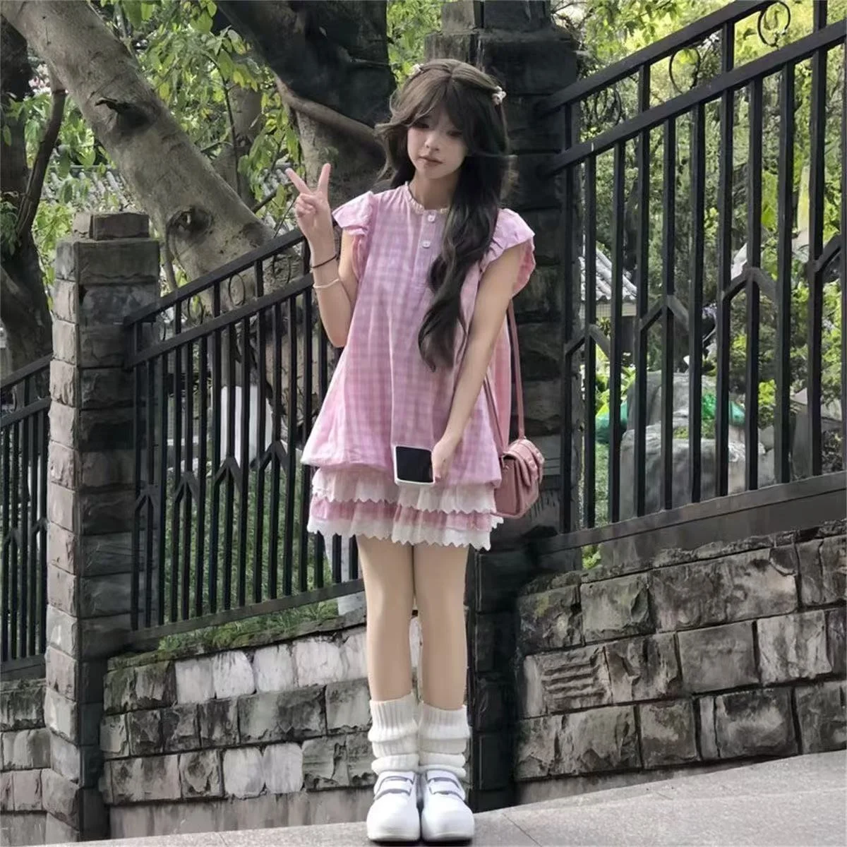 2025 Women's Sweet Lolita Plaid Dress - Lace Ruffle Fly Sleeve Tiered Dress, Kawaii Vintage Casual Outfit for Spring Summer