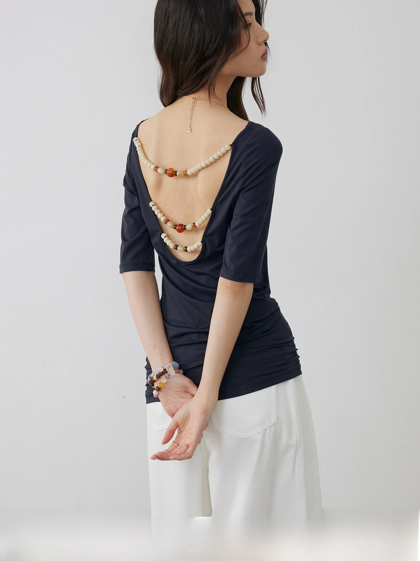 

KEARA Silk Elastic Cool Lightweight One Shoulder Backless Beaded mid Sleeve T-Shirt Women Summer Simple Black Top Loose Fit S...