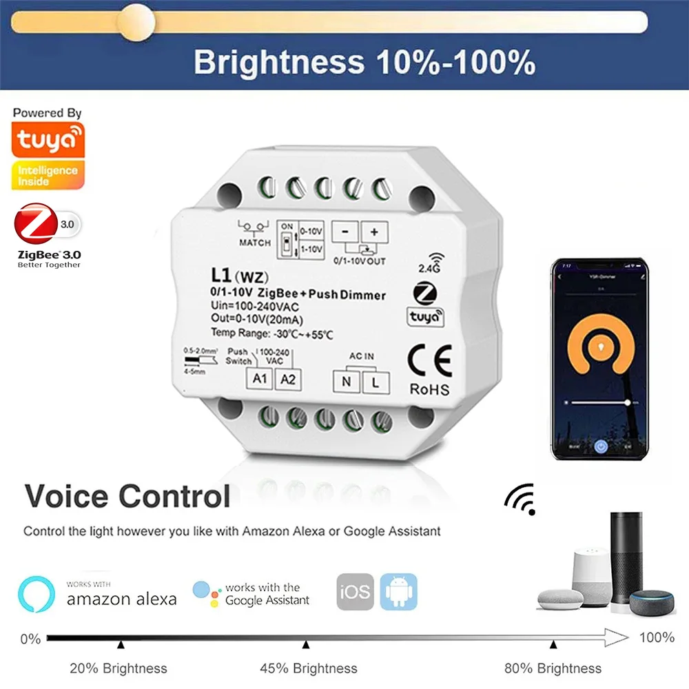 100-240VAC 1CH 0/1-10V Zigbee & RF Push Dimmer TuyaAPP Smart Control 2.4G R11 RF Touch Diming Remote App Voice For Alexa Google