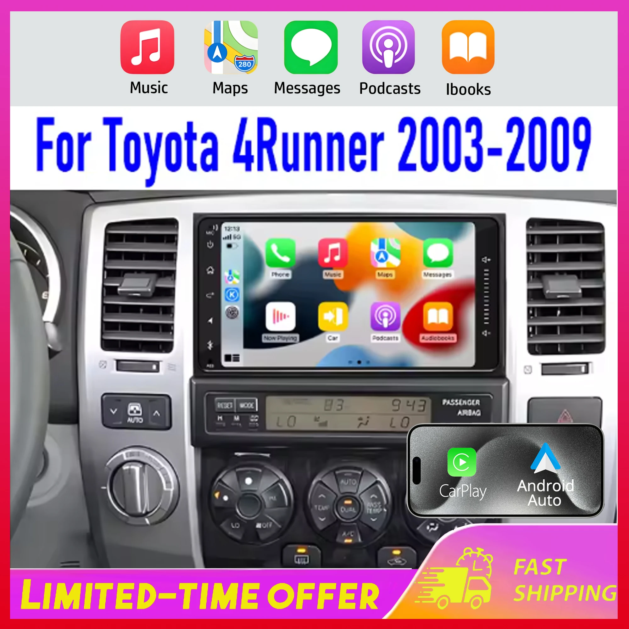 

7" for Toyota 4Runner 2003-2009 for Carplay Android 13 Auto GPS Car Stereo Radio Wireless Steering Wheel 2-32GB Navi WIFI BT