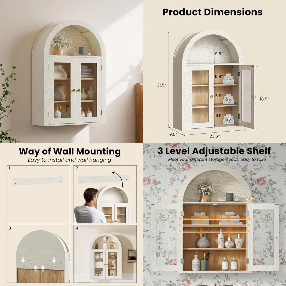 خزانة حمام مقوسة مثبتة على الحائط مع أبواب زجاجية وأرفف قابلة للتعديل للتخزين فوق الحوض