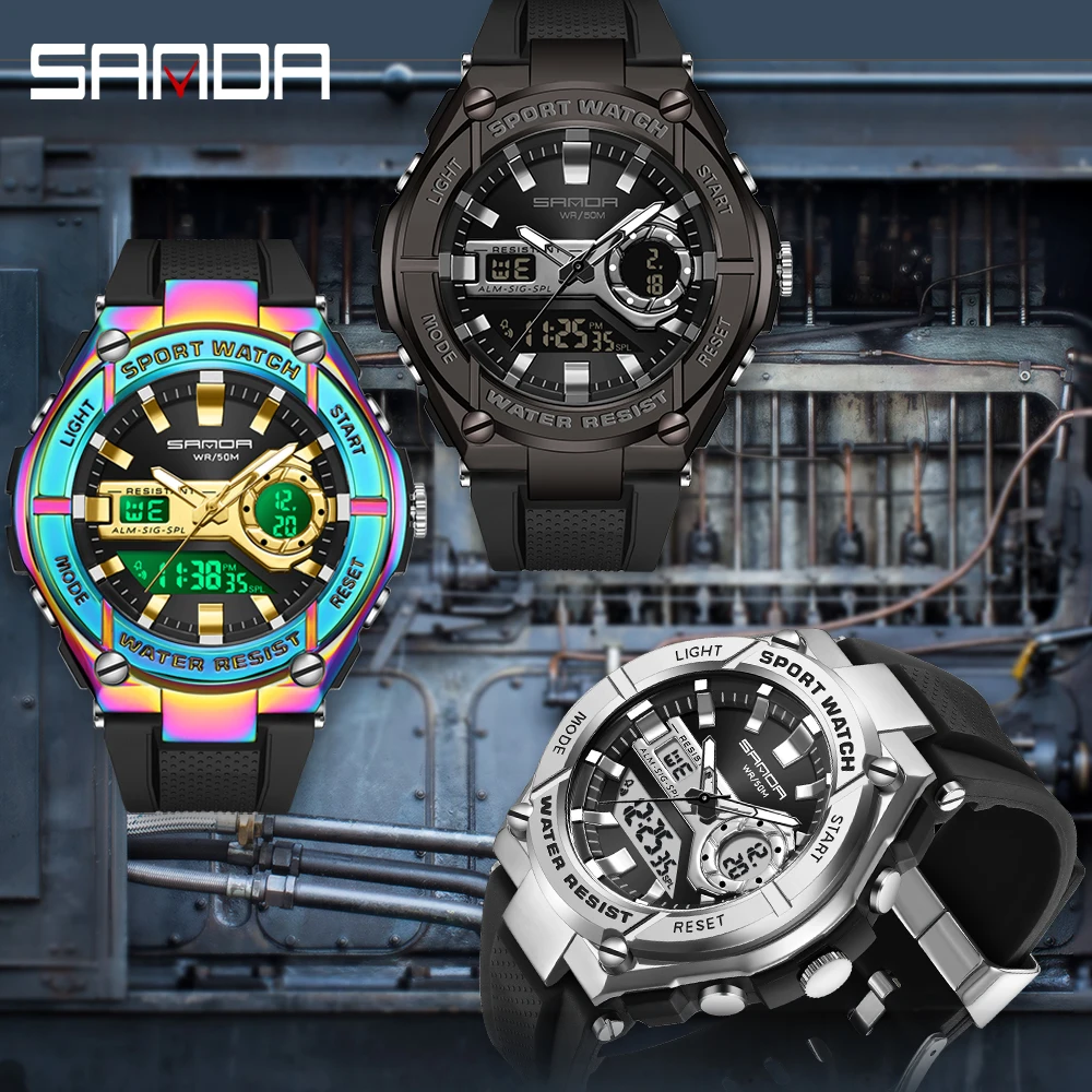 Sanda Brand New Men Watches Three-pin Dual-Movement Electronic Watch Steel Buckle Fashion Luminous Waterproof Sport Wristwatch