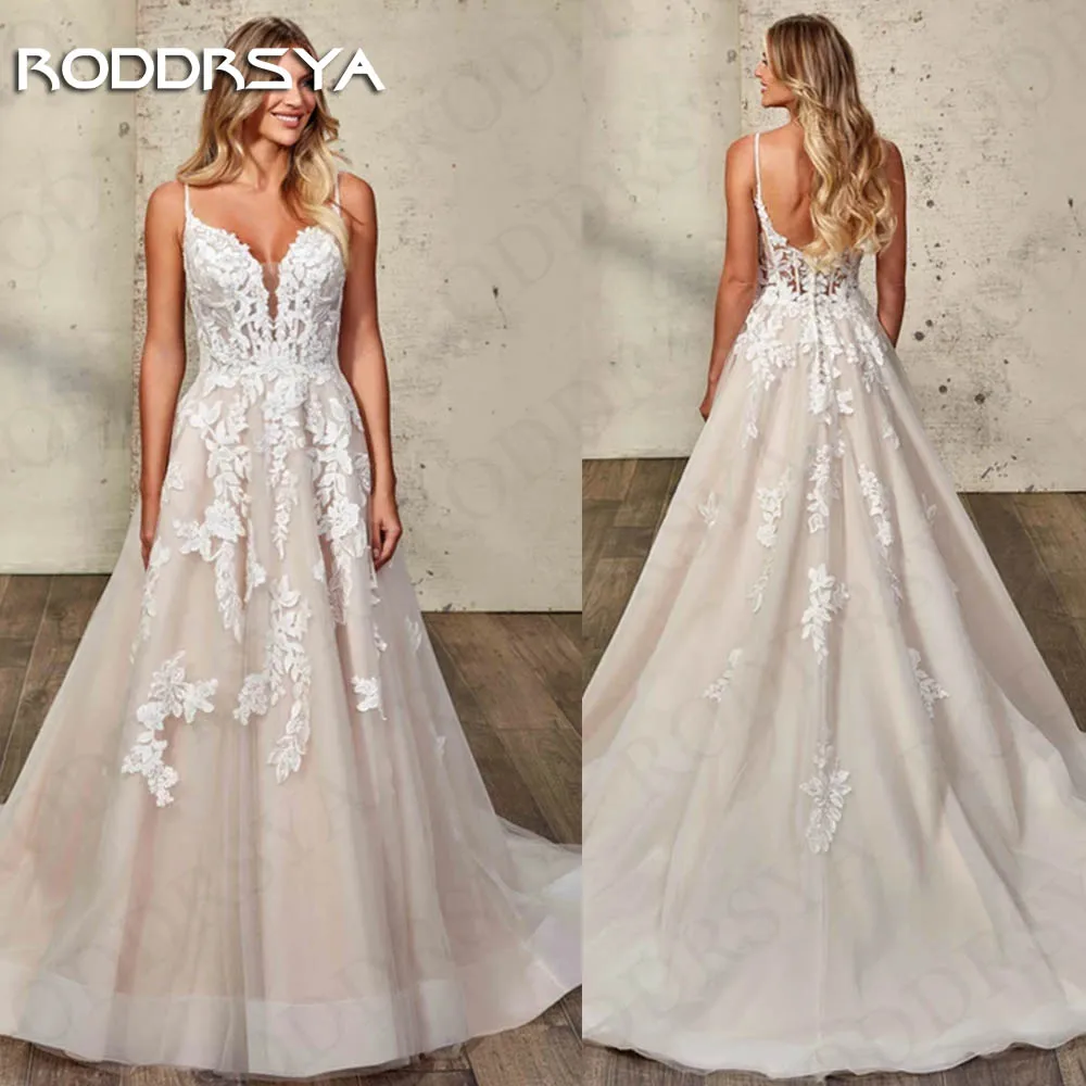 RODDRSYA-vestido de novia de tul con tirantes finos, traje elegante con apliques de encaje, Espalda descubierta, para playa Spaghetti Straps Tul Vestidos de novia  Elegante una línea de encaje apliques vestido de novia