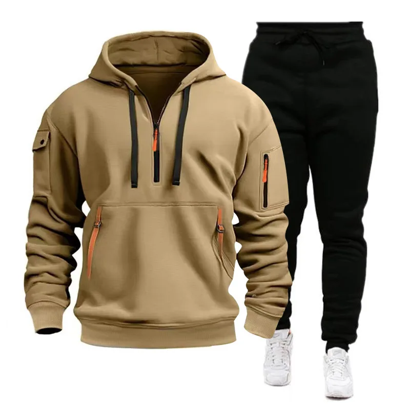 2024 Cross-border Sports Sweater Men\'s Multi-Pocket Zipper Hoodie Sweatpants Set