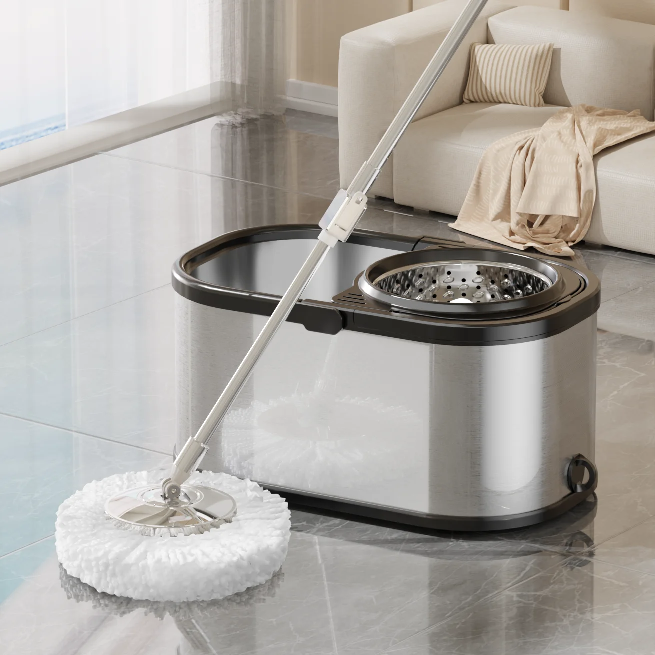 360 degree rotating 2-in-1 stainless steel mop and bucket set with aluminum handle, self-screwing, high dehydration rate